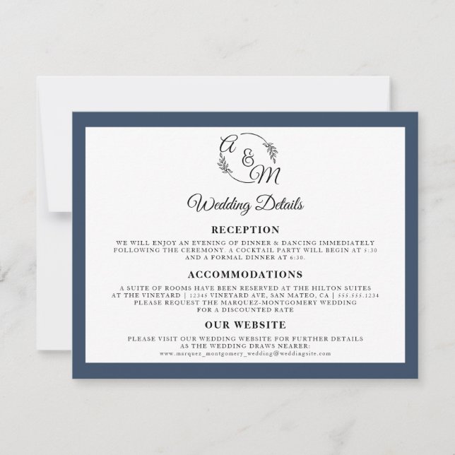 Simple Modern Elegant Navy Blue Wedding Details Invitation (Front)