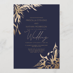 Simple Modern Elegant Navy Gold Flora Wedding Invitation