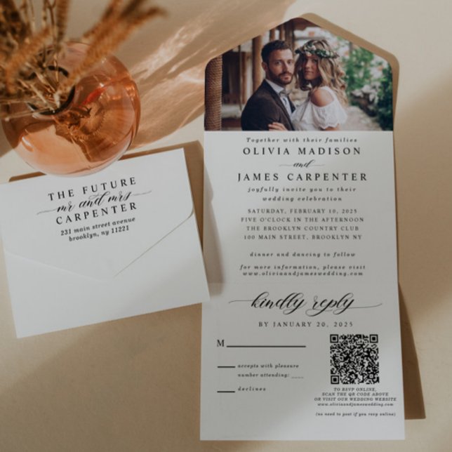 Simple Modern Elegant Photo RSVP QR Code Wedding All In One Invitation (Creator Uploaded)