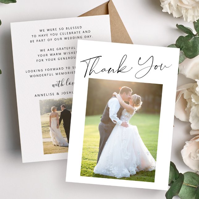 Simple modern elegant script 2 photos wedding thank you card (Creator Uploaded)