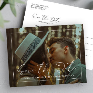 Simple modern elegant script photo wedding announcement postcard