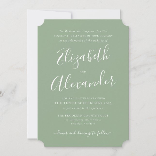 Simple Modern Elegant Script Sage Green Wedding Invitation (Front)