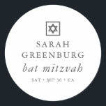 Simple Modern Elegant Star of David Bat Mitzvah Classic Round Sticker<br><div class="desc">Design is composed of sans serif typography and playful cursive script typography on a simple background. 

Available here:
http://www.zazzle.com/store/selectpartysupplies</div>