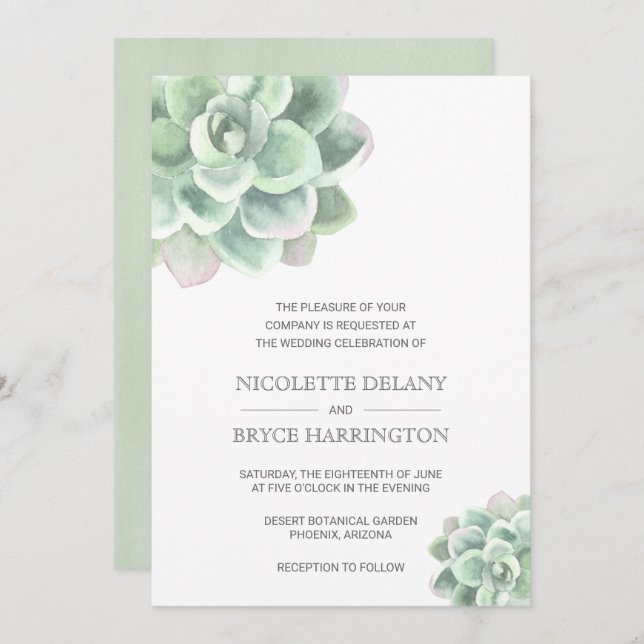 Simple Modern Elegant Succulent Wedding Invitation (Front/Back)