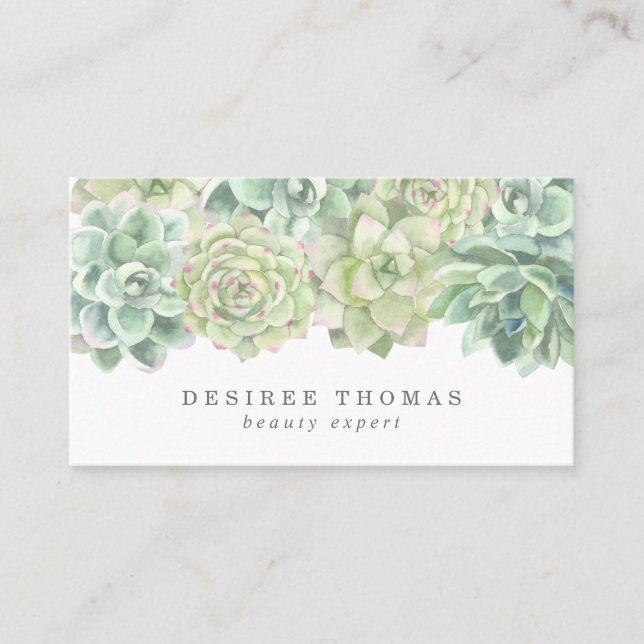 Simple Modern Elegant Watercolor Succulents Business Card (Front)