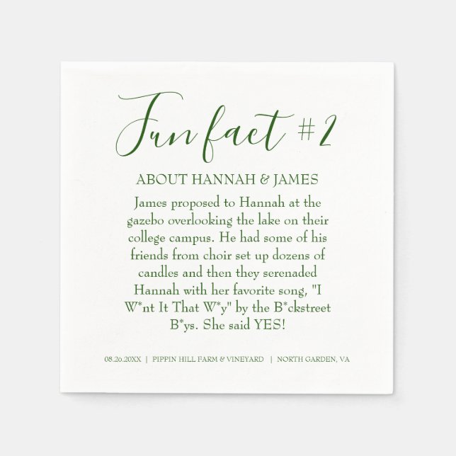 Simple Modern Emerald Green Fun Fact 2 Wedding Napkin (Front)