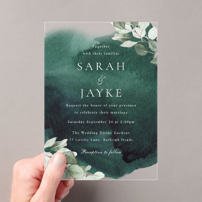 Simple Modern Emerald Green Leaf Wedding Acrylic Invitations (Insitu (Handheld))
