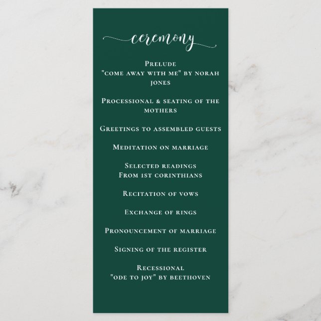 Simple Modern Emerald Green Wedding Programme (Front)
