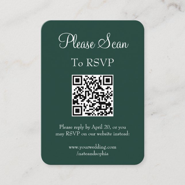 Simple Modern Emerald Green Wedding Scan QR Code Enclosure Card (Front)