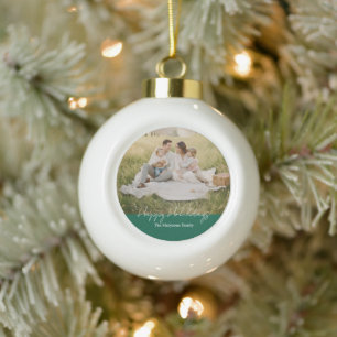 Simple Modern Family Photo Christmas & New Year Ca Ceramic Ball Christmas Ornament