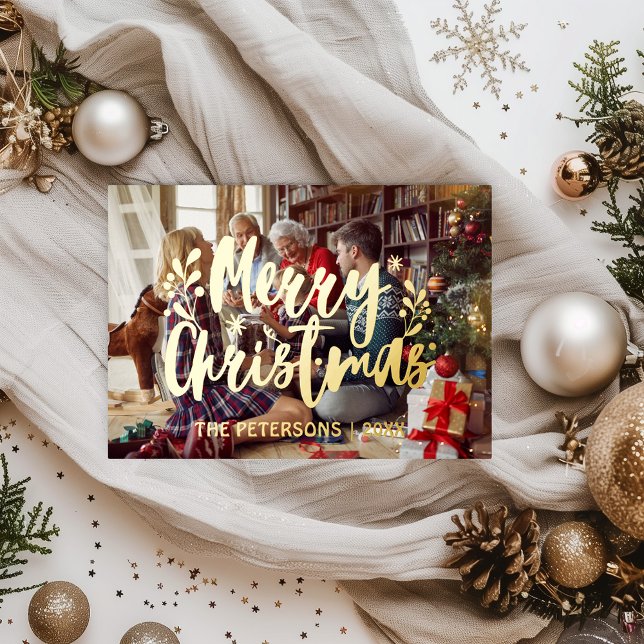 Simple Modern Family Photo Christmas Overlay Gold (Christmas Card Gold Foil Overlay Family Photo Unique Vintage Retro)