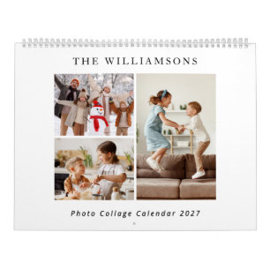 Simple Modern Family Photo Collage Black White Calendar