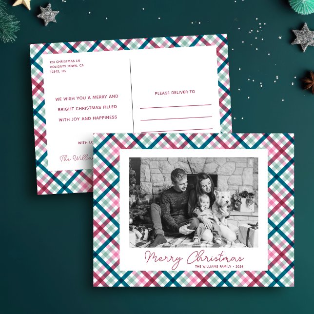 Simple Modern Family Photo Merry Christmas  Holiday Postcard (Modern Christmas Gingham Photo black and white template postcard. Magenta, Blue, Pink, Mint, Green)