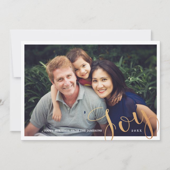 Simple Modern Faux Gold Foil Joy Christmas Photo Holiday Card (Front)