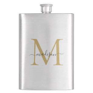 Simple Modern Faux Gold Monogram Girly Script Name Hip Flask