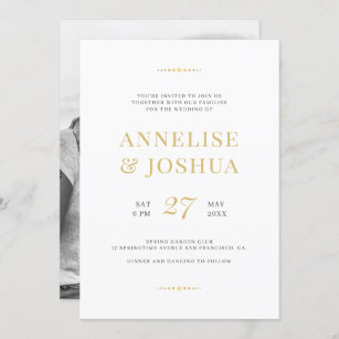 Simple modern faux gold script photo wedding invitation