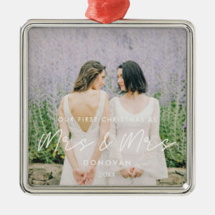 Simple Modern First Christmas as Mrs & Mrs Photo Metal Tree Decoration