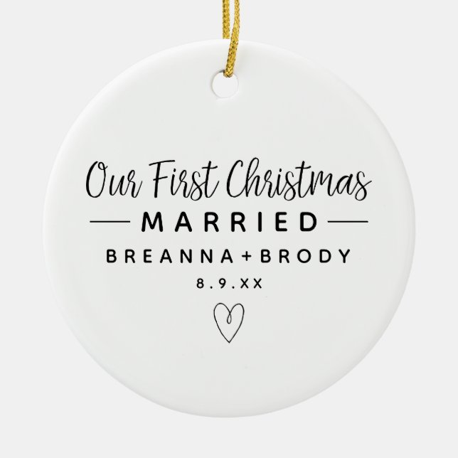 Simple Modern First Christmas Married Photo Ceramic Tree Decoration (Front)