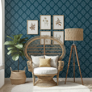 Simple Modern Floral Damask Pattern Dark Blue Wallpaper