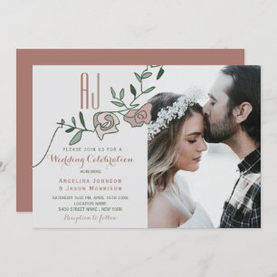Simple Modern Floral Dusty Rose Wedding Photo Invitation