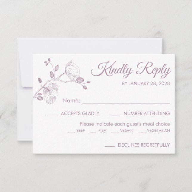 Simple modern floral elegant orchids meal choice RSVP card (Front)