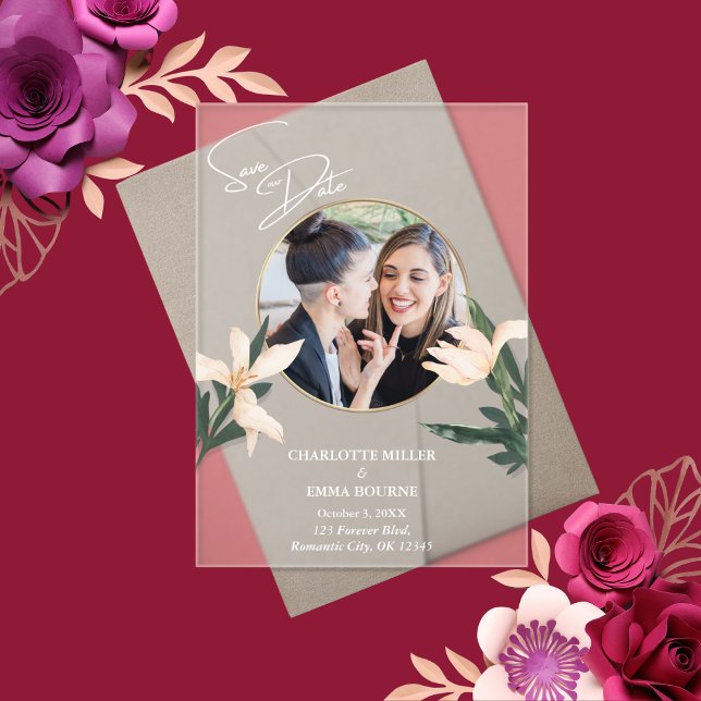 Simple Modern Floral Photo Wedding Save The Date Acrylic Invitations (Creator Uploaded)