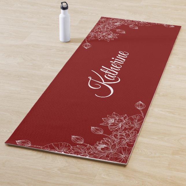 Simple Modern Floral Script Name Burgundy Lotus  Yoga Mat (In Situ)