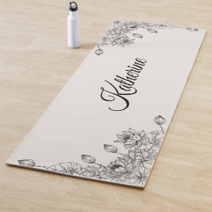 Simple Modern Floral Script Name Cream Lotus  Yoga Mat