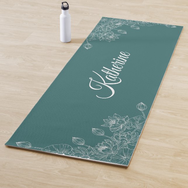 Simple Modern Floral Script Name Jade Green Lotus  Yoga Mat (In Situ)
