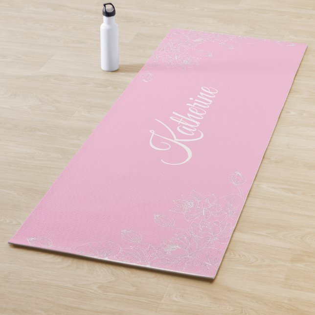 Simple Modern Floral Script Name Soft Pink Lotus Yoga Mat (In Situ)