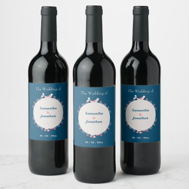 Simple Modern Folk Style Blue Wedding Wine Label (Bottles)