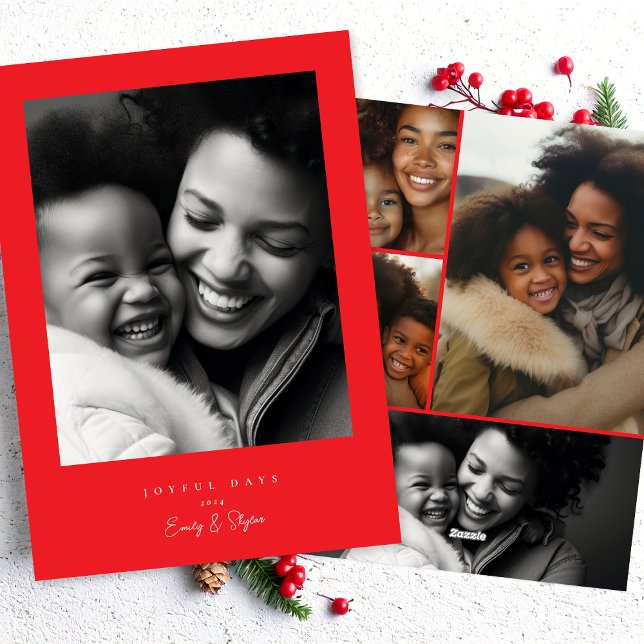 simple modern frame joyful white & red Christmas Holiday Card (Creator Uploaded)