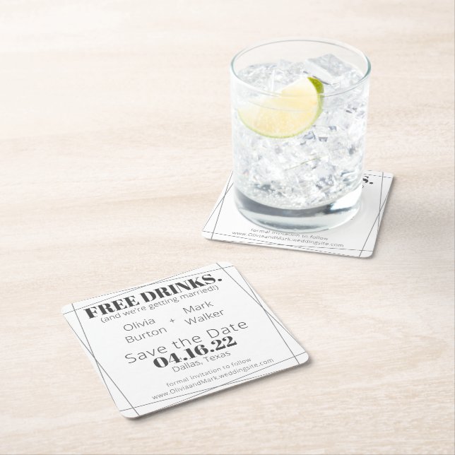 Simple Modern Free Drinks Save the Date Coasters (Insitu)