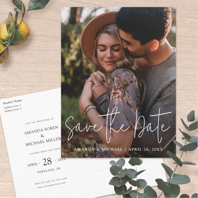 Simple Modern Full Photo Wedding Save the Date Invitation Postcard (Creator Uploaded)