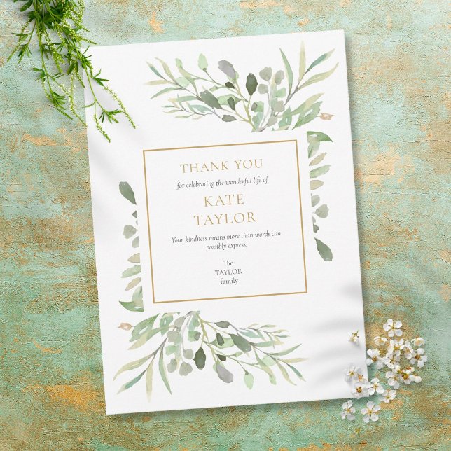 Simple Modern Funeral Memorial Greenery Thank You Card (Creator Uploaded)