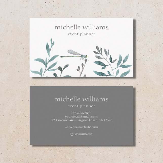 Simple Modern Garden Greenery Botanical Damselfly Business Card (Creator Uploaded)