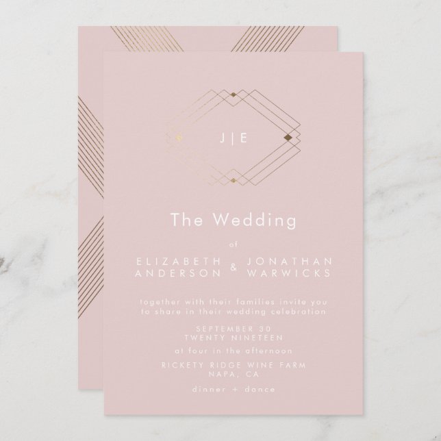 Simple Modern Geometric Gold Blush Pink Wedding Invitation (Front/Back)