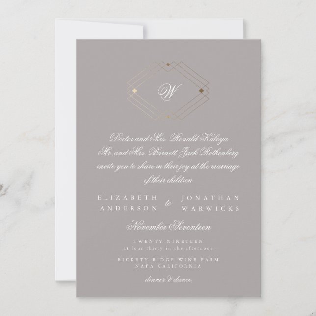Simple Modern Geometric Gold Taupe Grey Wedding Invitation (Front)