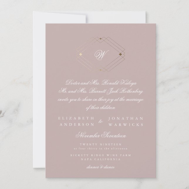 Simple Modern Geometric Gold Taupe Musk Wedding Invitation (Front)