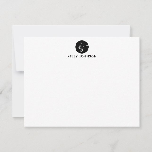 Simple Modern Girly Script Circle Monogram Black Card (Front)