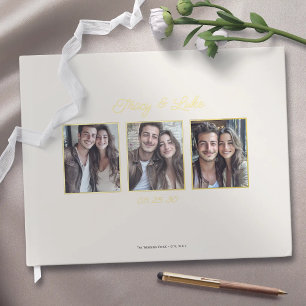 Simple Modern Gold Frame with Three Couple Photos Guest Book