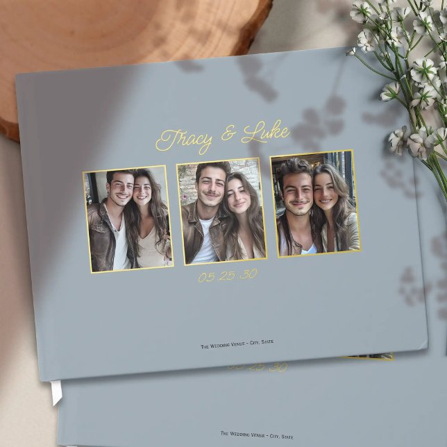 Simple Modern Gold Frame with Three Couple Photos  Guest Book (Simple Modern Gold Frame with Three Couple Photos Wedding Guest book. Elegant guestbook for wedding.)