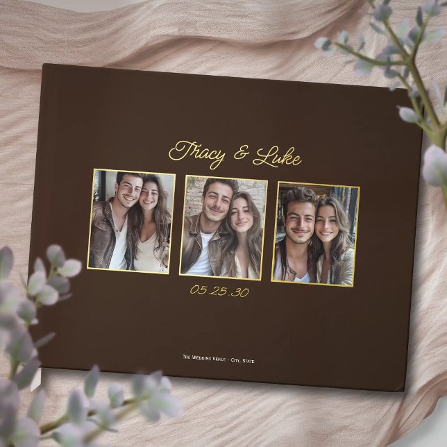 Simple Modern Gold Frame with Three Couple Photos Guest Book (Simple Modern Gold Frame with Three Couple Photos Wedding Guest book. Elegant guestbook for wedding.)