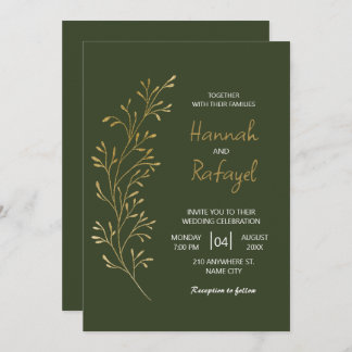 Simple Modern Gold Leaf Green Wedding Invitation