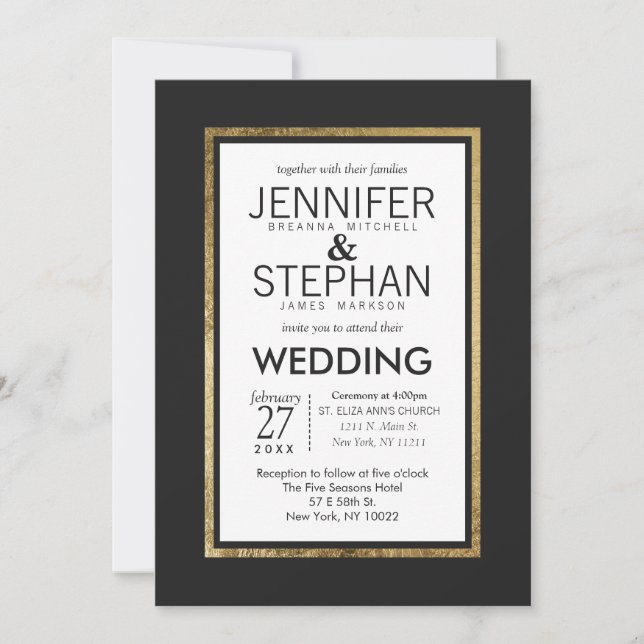 Simple Modern Gold Lined Black White Wedding Invitation (Front)
