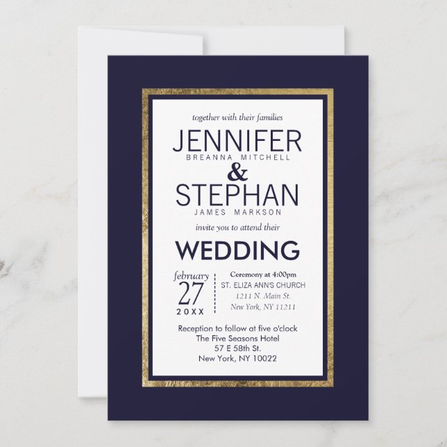 Simple Modern Gold Lined Navy Blue Wedding Invitation (Front)
