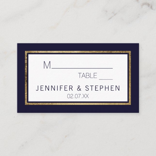Simple Modern Gold Lined Navy Blue Wedding Place Card (Front)