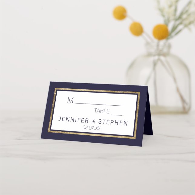 Simple Modern Gold Lined Navy Blue Wedding Place Card (Front)