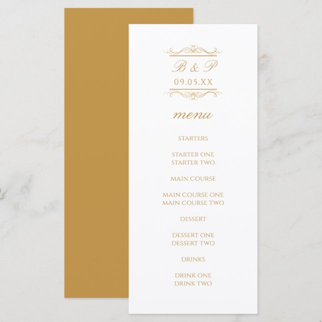 Simple Modern Gold Monogram Wedding Menu Card (Front/Back)