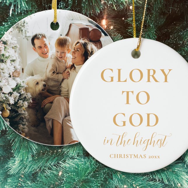 Simple Modern Gold Religious Christmas Ceramic Tree Decoration (Simple, modern, religious Christmas ornament in gold and white with Glory to God in the Highest)